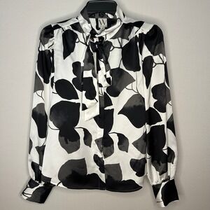 Worthington Black White Floral Print Long Sleeve Tie Neck Blouse Womens XS NWT